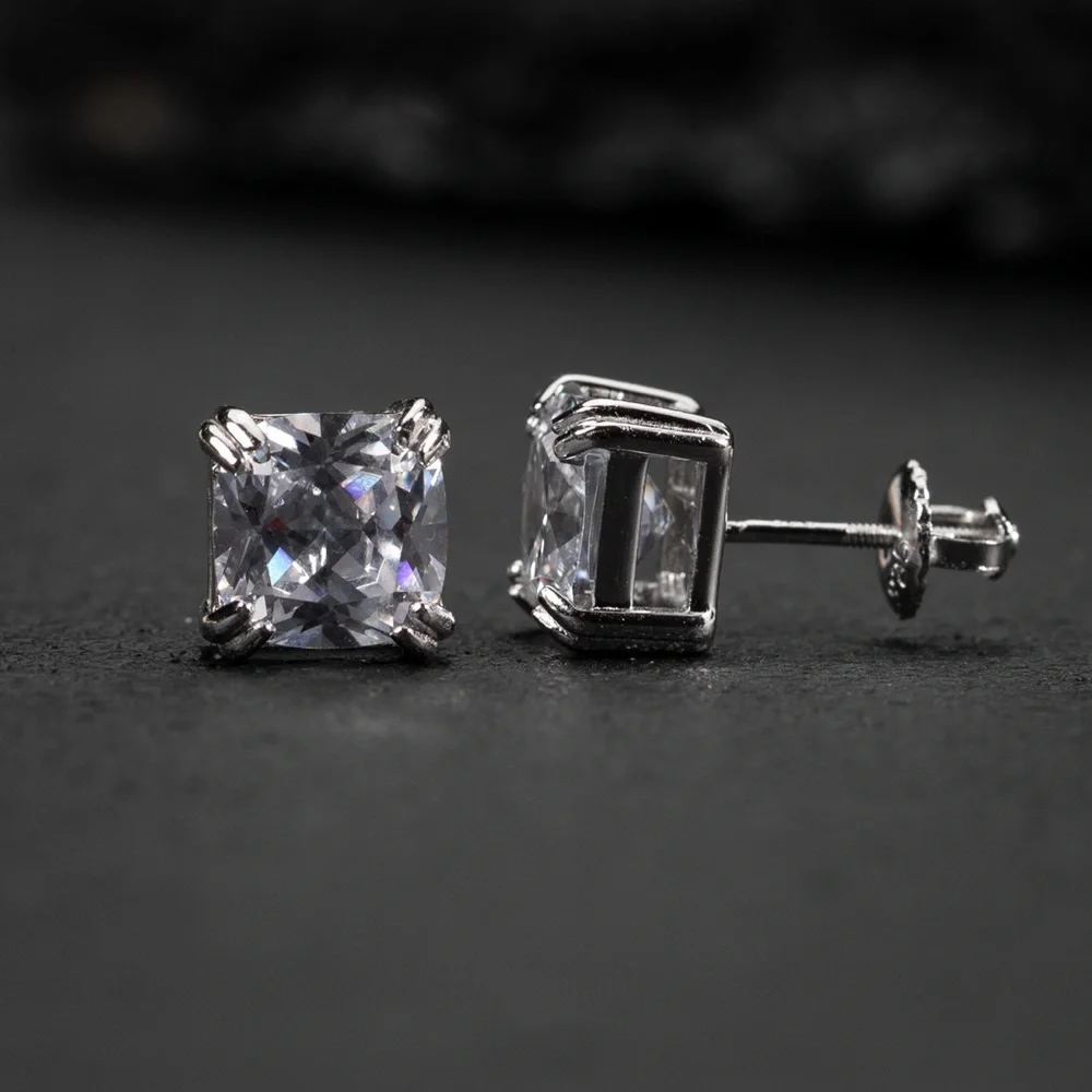 White Gold Plated 925 Sterling Silver Cushion Cut Screw Back Stud Earrin…